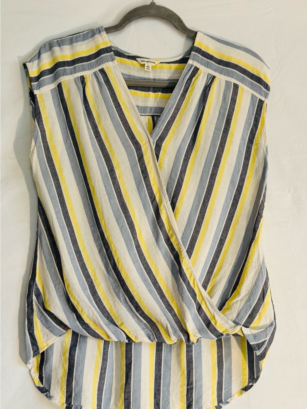 MaxStudio Sleeveless Striped Wrap Blouse in Yellow, Gray & White
